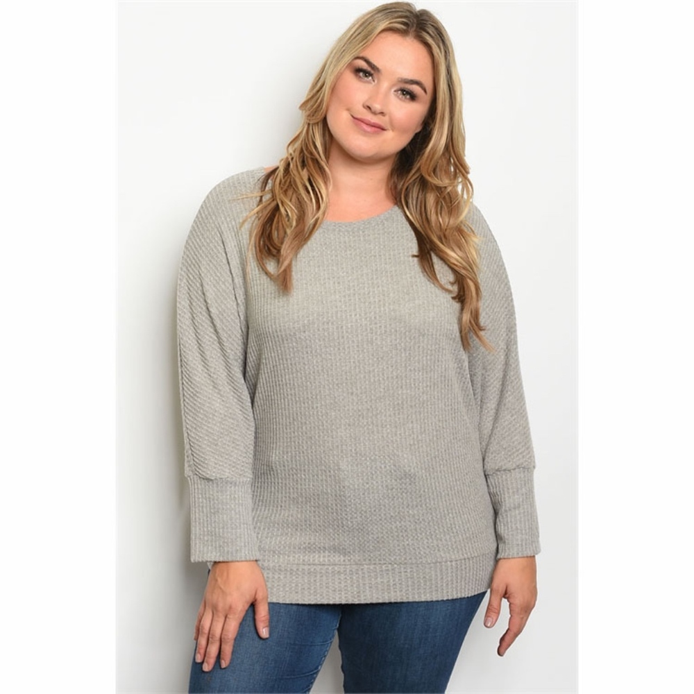 1 LEFT! Plus Size Curvy (3X) Gray Waffle Knit Top